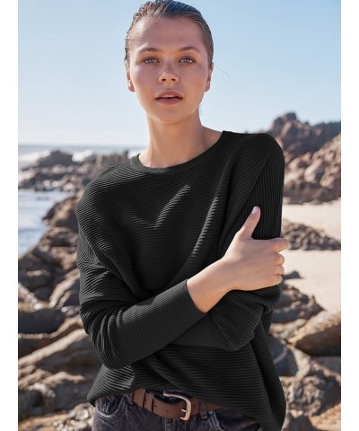 Women's 2023 Fall Long Batwing Sleeve Drop Shoulder Crewneck Casual Ribbed Knit Sweaters Pullover with Split Black $27.72 Swe...