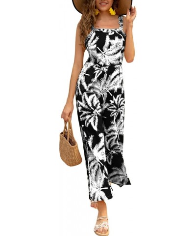 Women's Casual Boho Trim Sleeveless High Waist Wide Leg Jumpsuit Romper Black Flora $15.05 Jumpsuits