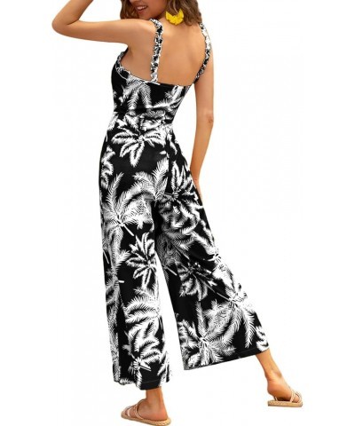 Women's Casual Boho Trim Sleeveless High Waist Wide Leg Jumpsuit Romper Black Flora $15.05 Jumpsuits