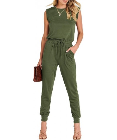 Women's Summer Crewneck Sleeveless Casual Loose Stretchy Jumpsuits Rompers with Pockets Army Green $18.90 Jumpsuits