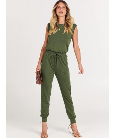 Women's Summer Crewneck Sleeveless Casual Loose Stretchy Jumpsuits Rompers with Pockets Army Green $18.90 Jumpsuits