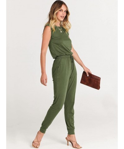 Women's Summer Crewneck Sleeveless Casual Loose Stretchy Jumpsuits Rompers with Pockets Army Green $18.90 Jumpsuits