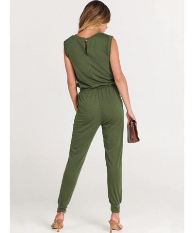 Women's Summer Crewneck Sleeveless Casual Loose Stretchy Jumpsuits Rompers with Pockets Army Green $18.90 Jumpsuits