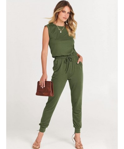 Women's Summer Crewneck Sleeveless Casual Loose Stretchy Jumpsuits Rompers with Pockets Army Green $18.90 Jumpsuits