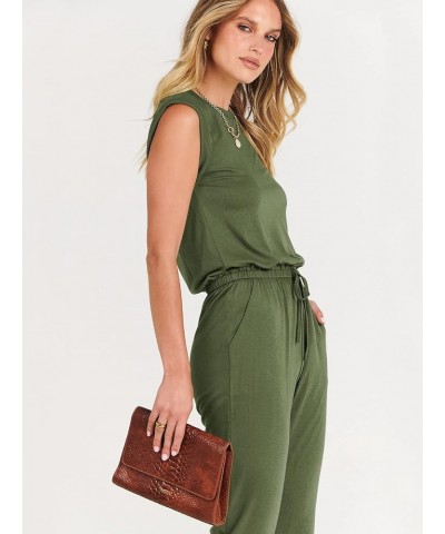 Women's Summer Crewneck Sleeveless Casual Loose Stretchy Jumpsuits Rompers with Pockets Army Green $18.90 Jumpsuits