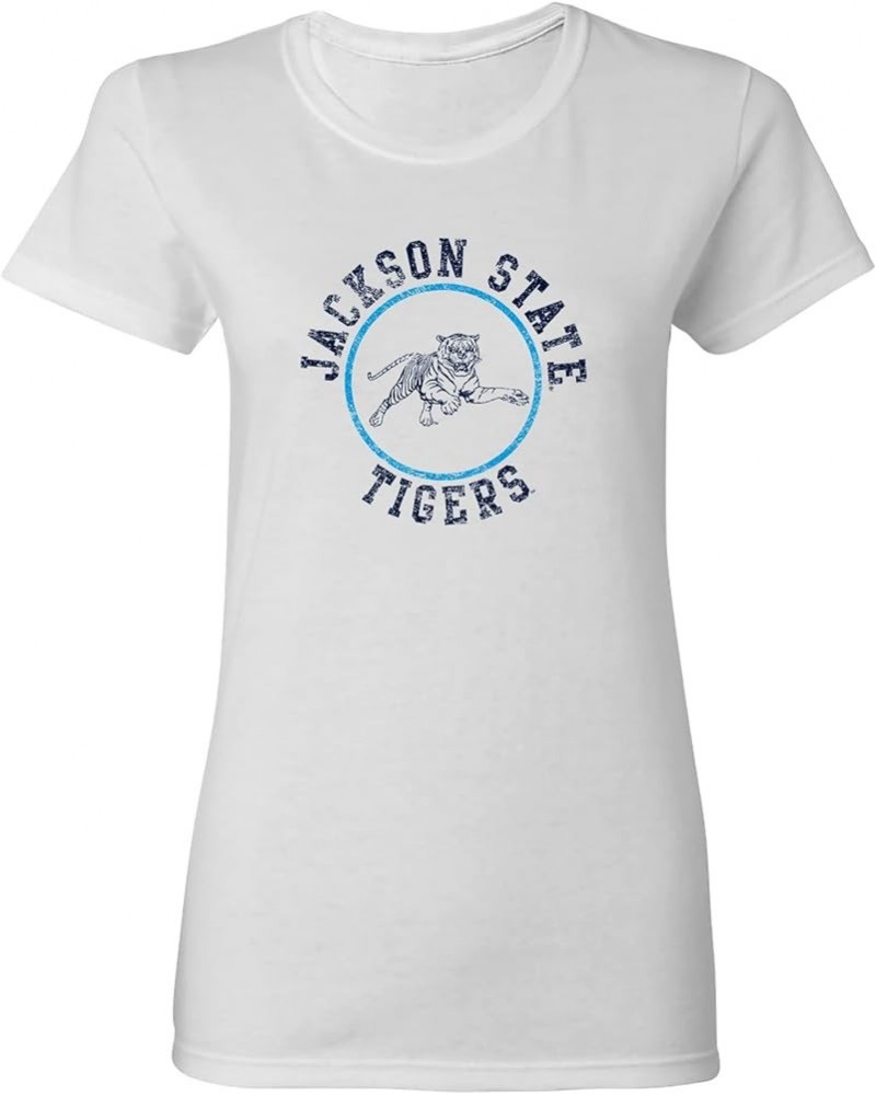 NCAA Distressed Circle Logo, Team Color Womens T Shirt, College, University Jackson State Tigers White $14.57 T-Shirts