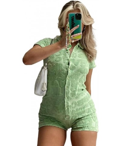 Knit Jumpsuit Shorts for Women Sexy Bodycon Bodysuit Short Sleeve Polo Neck Button Down One Piece Romper Overall Green - B $8...