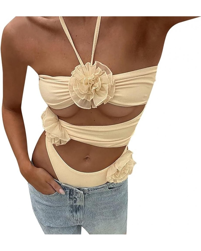 Ruffle Bandeau Bikini Conjoined Body Swimsuit for Women's 3D Flower Swimsuit for Daily Wear Basketball Shorts Yellow 1 $14.48...