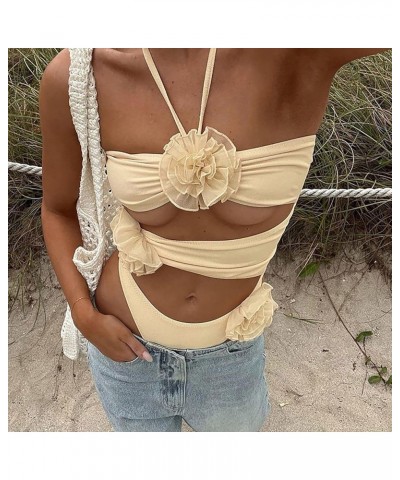 Ruffle Bandeau Bikini Conjoined Body Swimsuit for Women's 3D Flower Swimsuit for Daily Wear Basketball Shorts Yellow 1 $14.48...