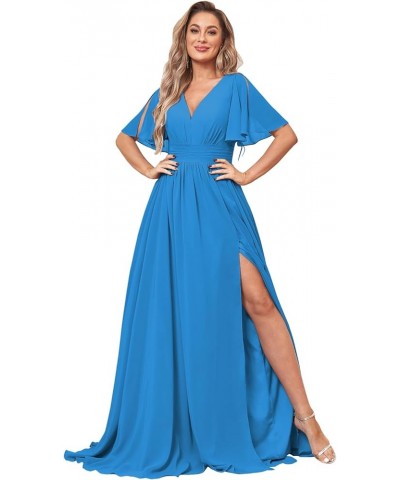 Women's Flutter Sleeve V Neck Bridesmaid Dresses with Pockets Long Empire Waist Split Formal Dress YG236 Blue $30.79 Dresses