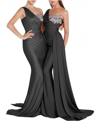 One Shoulder Beaded Bridesmaid Dresses for Women Long Satin Mermaid Ruched Formal Party Dress with Train YK510 Black $27.20 D...