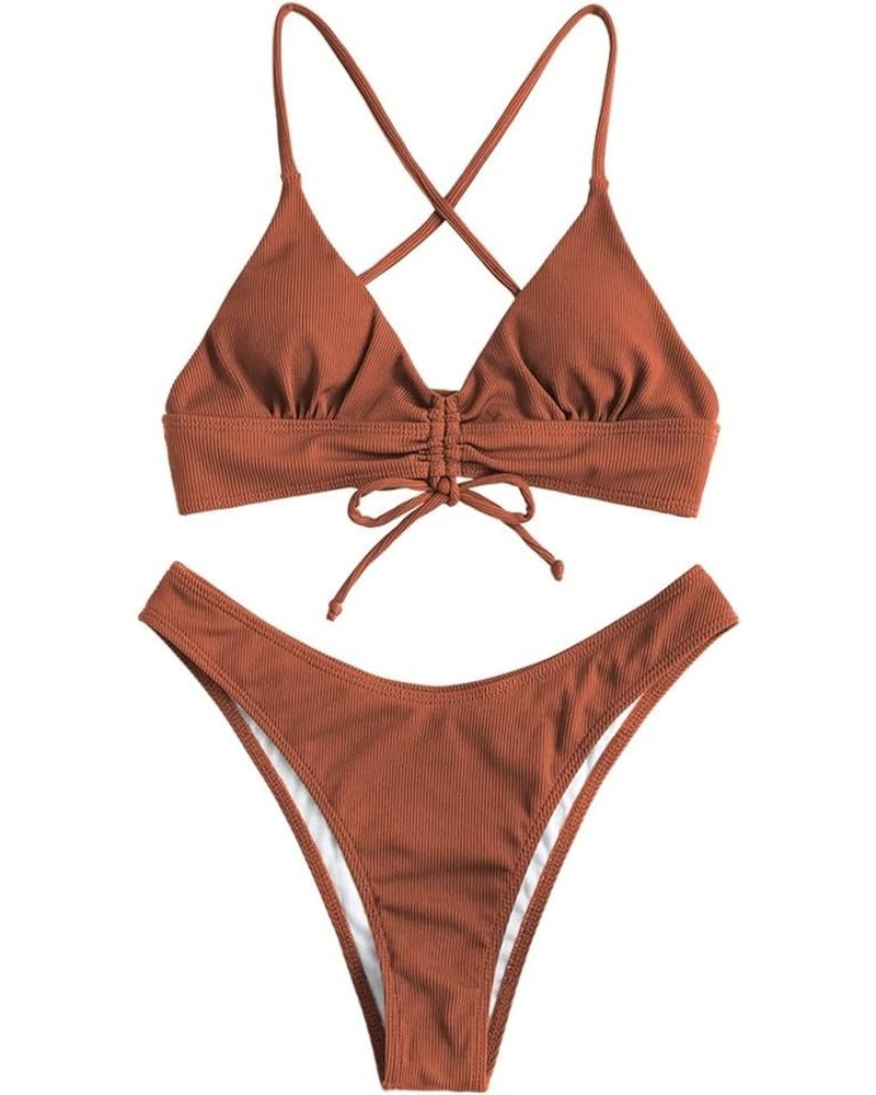 Women's Sexy Triangle Bikini Set Floral Print Spaghetti Strap 2 Piece Swimsuit Crisscross High Cut Bathing Suit 1-coffee $11....