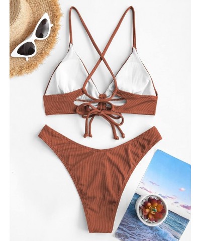 Women's Sexy Triangle Bikini Set Floral Print Spaghetti Strap 2 Piece Swimsuit Crisscross High Cut Bathing Suit 1-coffee $11....