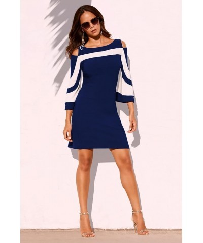 Women's 2023 Summer Cold Shoulder Dresses Casual Tunic Top 3/4 Sleeve T-Shirt Swing Dress 9941navy Blue $11.00 Dresses