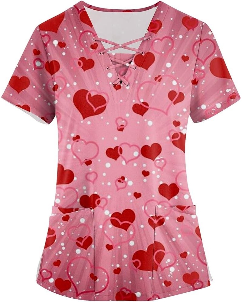 Valentines Day Scrubs Shirts Women Cute Short Sleeve Heart Love Print V Neck Trendy Dressy Tshirts Tops A-multicolor $5.21 Tops