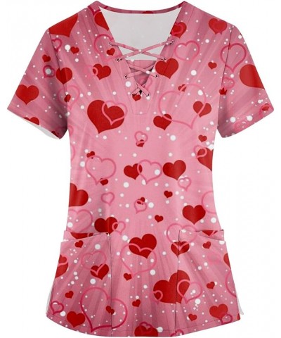 Valentines Day Scrubs Shirts Women Cute Short Sleeve Heart Love Print V Neck Trendy Dressy Tshirts Tops A-multicolor $5.21 Tops