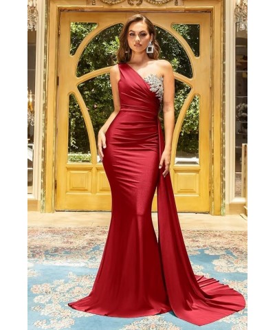 One Shoulder Beaded Bridesmaid Dresses for Women Long Satin Mermaid Ruched Formal Party Dress with Train YK510 Black $27.20 D...