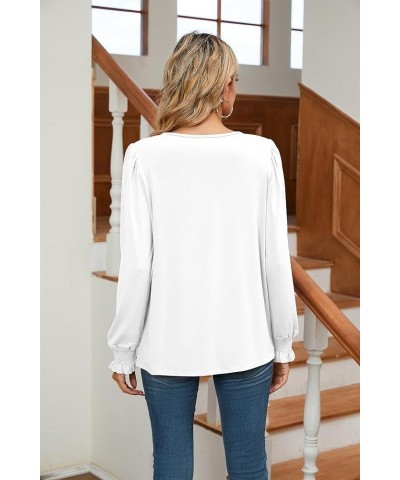 Women's Casual Shirred V-Neck Top Puff Long Sleeve Shirts Basic Pleated Top A-08 -White $9.94 Tops