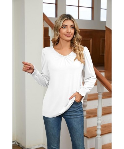 Women's Casual Shirred V-Neck Top Puff Long Sleeve Shirts Basic Pleated Top A-08 -White $9.94 Tops