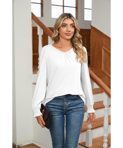 Women's Casual Shirred V-Neck Top Puff Long Sleeve Shirts Basic Pleated Top A-08 -White $9.94 Tops