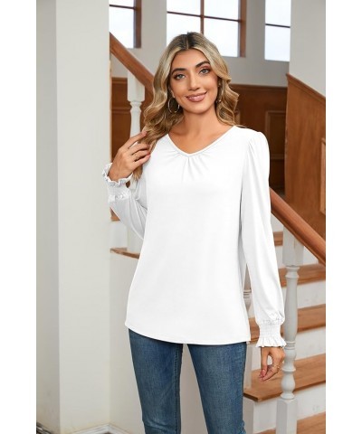 Women's Casual Shirred V-Neck Top Puff Long Sleeve Shirts Basic Pleated Top A-08 -White $9.94 Tops