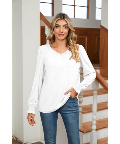 Women's Casual Shirred V-Neck Top Puff Long Sleeve Shirts Basic Pleated Top A-08 -White $9.94 Tops