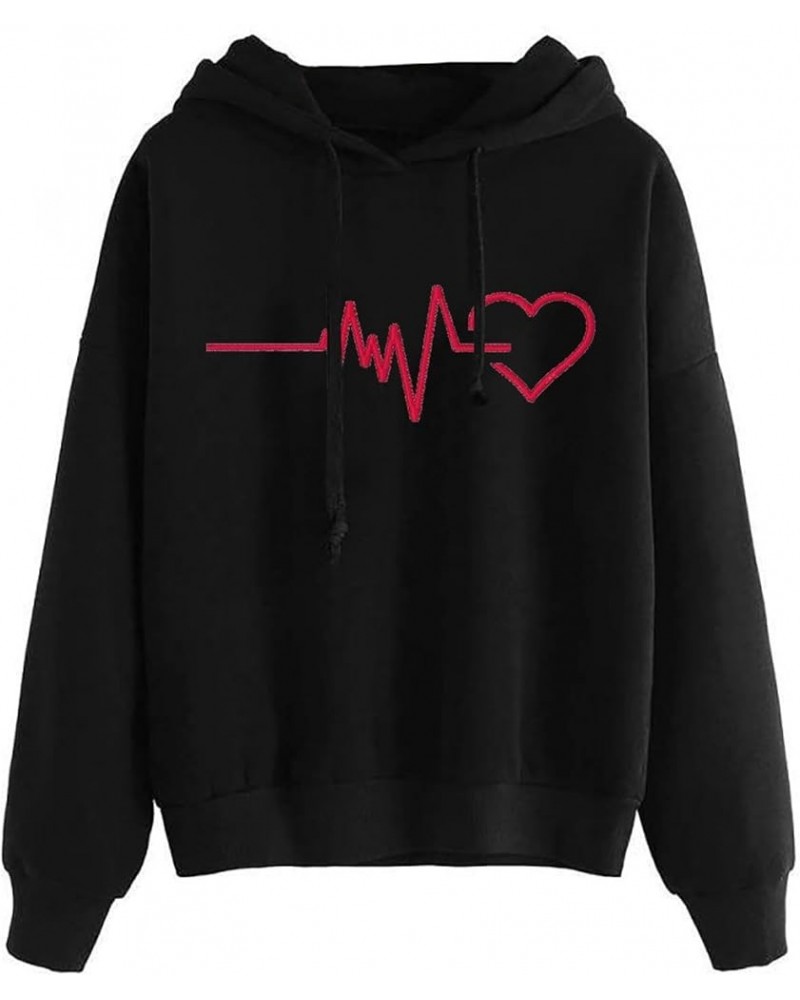 Womens Hoodies 2024 Valentines Cute Heart Sweatshirts Casual Drawstring Comfy Long Sleeve Tops Pullover With Pockets 05 Black...