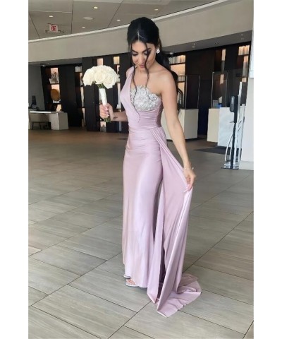 One Shoulder Beaded Bridesmaid Dresses for Women Long Satin Mermaid Ruched Formal Party Dress with Train YK510 Black $27.20 D...