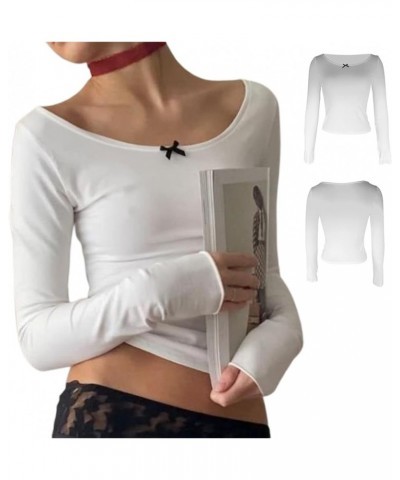 Women Y2k Long Sleeve Square Neck Crop Tops Slim Fit Lace Trim T-Shirt Cute Going Out Shirt Aesthetic Clothes F White $7.88 T...