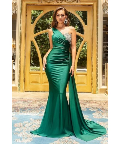 One Shoulder Beaded Bridesmaid Dresses for Women Long Satin Mermaid Ruched Formal Party Dress with Train YK510 Black $27.20 D...