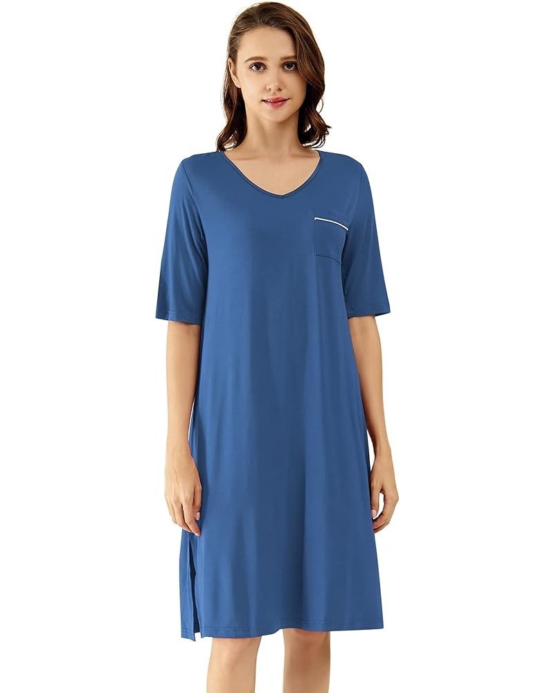 Viscose from Bamboo Nightgowns for Women Short Sleeve Sleep Shirt V Neck Nightgown Plus Size Sleepwear S-4X, C-prussian Blue ...