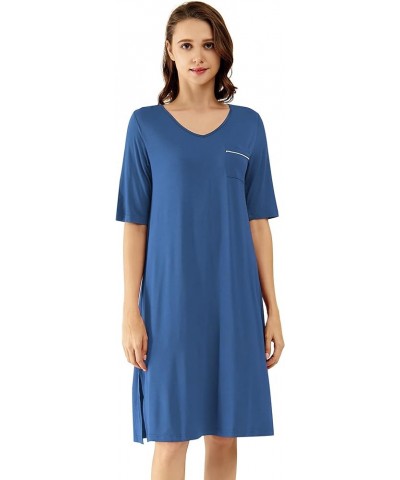 Viscose from Bamboo Nightgowns for Women Short Sleeve Sleep Shirt V Neck Nightgown Plus Size Sleepwear S-4X, C-prussian Blue ...