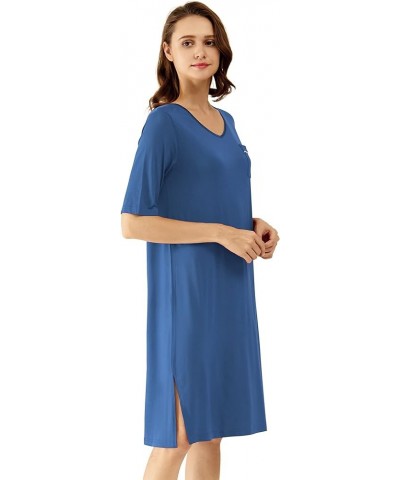 Viscose from Bamboo Nightgowns for Women Short Sleeve Sleep Shirt V Neck Nightgown Plus Size Sleepwear S-4X, C-prussian Blue ...