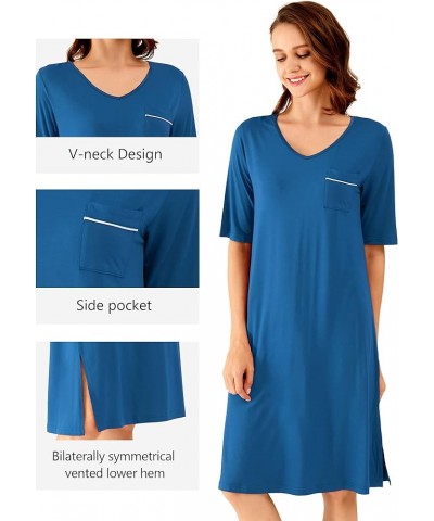 Viscose from Bamboo Nightgowns for Women Short Sleeve Sleep Shirt V Neck Nightgown Plus Size Sleepwear S-4X, C-prussian Blue ...