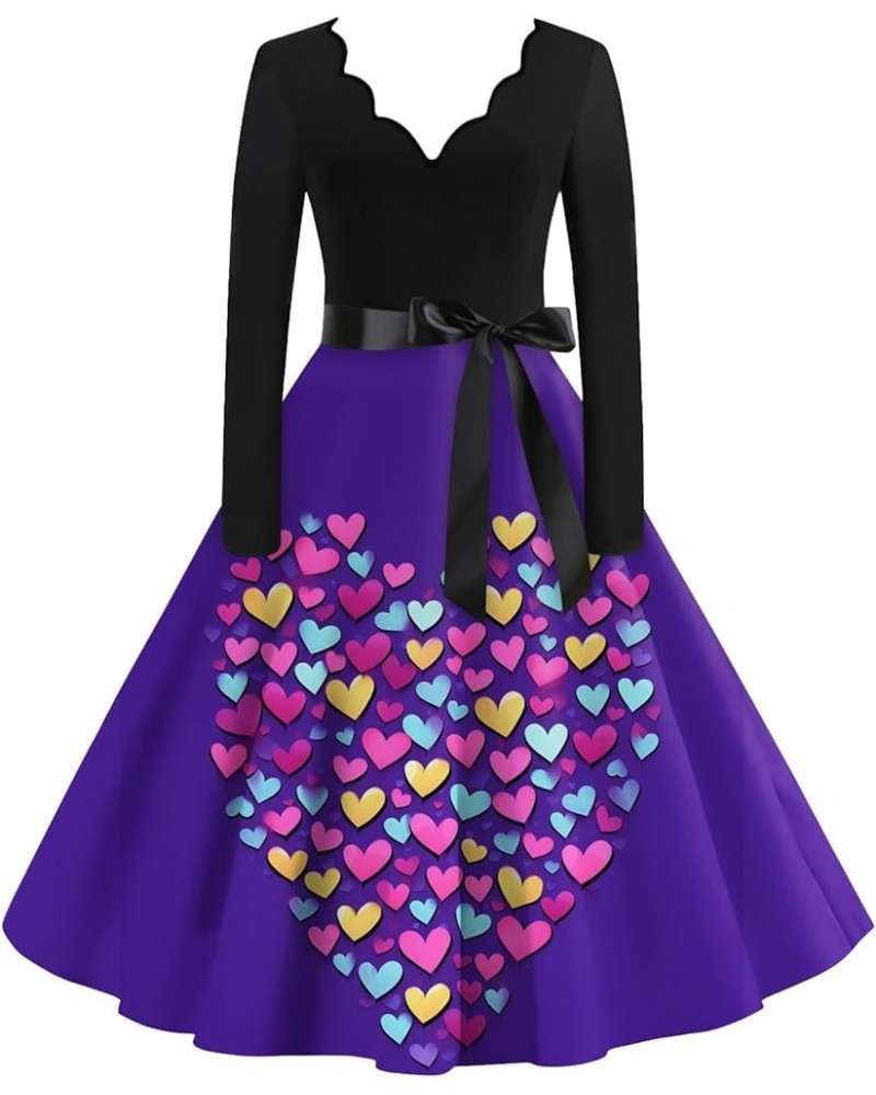 Women's Valentine's Day Dresses Print Flare Dress Long Sleeve Dress Party Date Night Valentine Dress, S-2XL 3-purple $10.25 D...