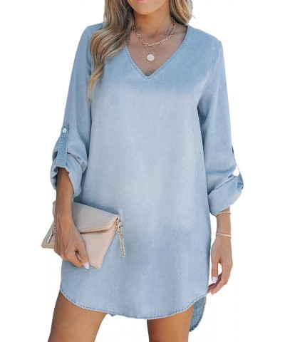 Women's Long Sleeve Denim Shirt Dress Casual V Neck Roll Tab Cotton Jean Dress Light Blue $23.26 Dresses