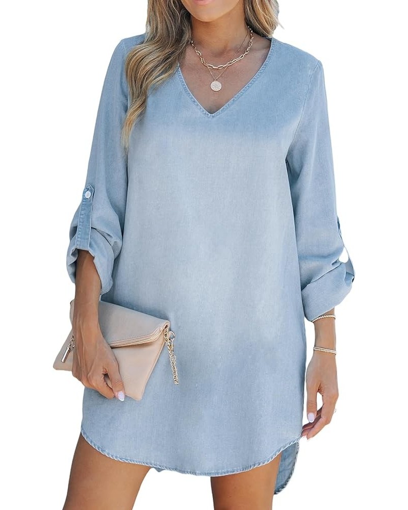 Women's Long Sleeve Denim Shirt Dress Casual V Neck Roll Tab Cotton Jean Dress Light Blue $23.26 Dresses