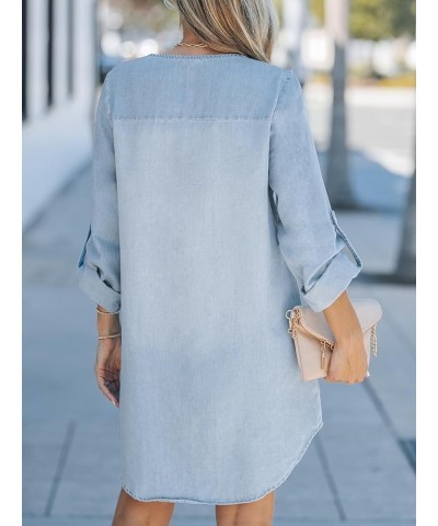 Women's Long Sleeve Denim Shirt Dress Casual V Neck Roll Tab Cotton Jean Dress Light Blue $23.26 Dresses