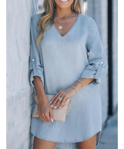 Women's Long Sleeve Denim Shirt Dress Casual V Neck Roll Tab Cotton Jean Dress Light Blue $23.26 Dresses