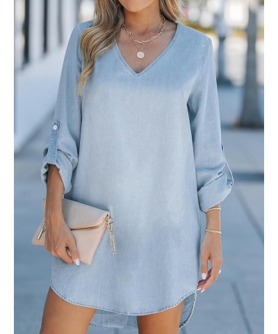 Women's Long Sleeve Denim Shirt Dress Casual V Neck Roll Tab Cotton Jean Dress Light Blue $23.26 Dresses