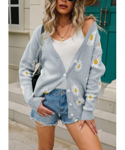 Women's Cute Daisy Printed Long Sleeve Button Down Jacquard Knit V-Neck Cardigan Sweater Tops in Polyester Grey $18.32 Sweaters