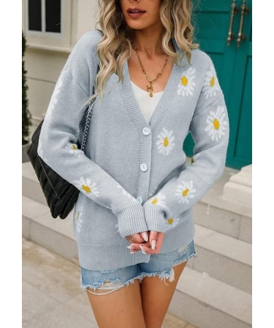 Women's Cute Daisy Printed Long Sleeve Button Down Jacquard Knit V-Neck Cardigan Sweater Tops in Polyester Grey $18.32 Sweaters