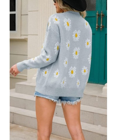 Women's Cute Daisy Printed Long Sleeve Button Down Jacquard Knit V-Neck Cardigan Sweater Tops in Polyester Grey $18.32 Sweaters