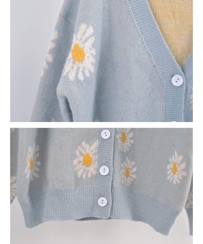 Women's Cute Daisy Printed Long Sleeve Button Down Jacquard Knit V-Neck Cardigan Sweater Tops in Polyester Grey $18.32 Sweaters