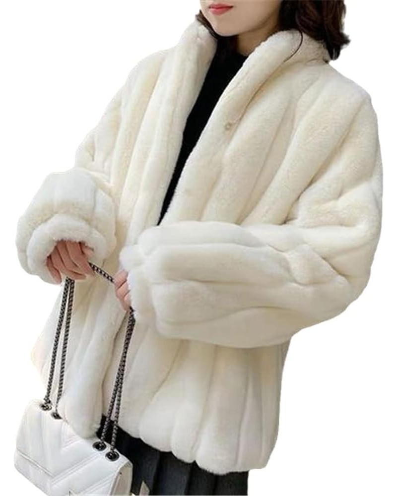 Imitation Mink Fur Coat Female Fur Coat Stand-Collar Striped Coat Creamy-white $43.16 Coats