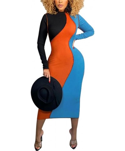 Women's Sexy Bodycon Ribbed Dress Long Sleeve Color Block Knit Midi Sweater Dresses Plus Size Blue $23.19 Dresses