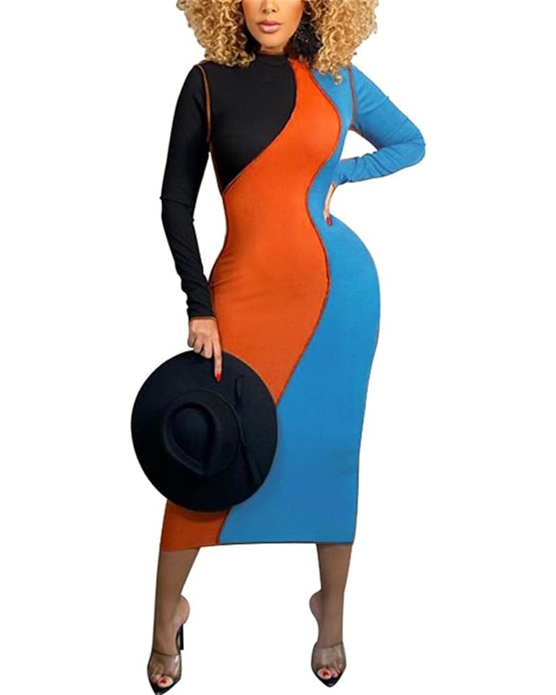 Women's Sexy Bodycon Ribbed Dress Long Sleeve Color Block Knit Midi Sweater Dresses Plus Size Blue $23.19 Dresses