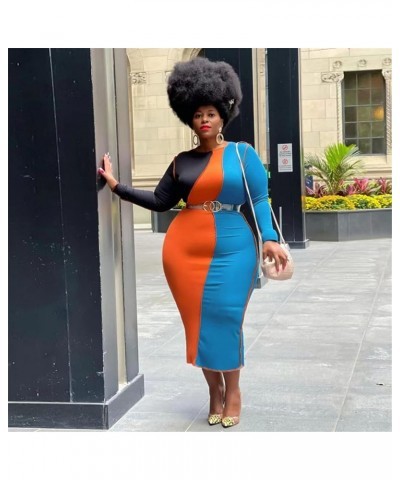 Women's Sexy Bodycon Ribbed Dress Long Sleeve Color Block Knit Midi Sweater Dresses Plus Size Blue $23.19 Dresses