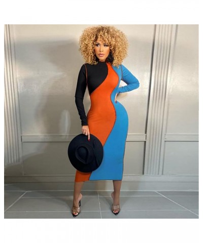 Women's Sexy Bodycon Ribbed Dress Long Sleeve Color Block Knit Midi Sweater Dresses Plus Size Blue $23.19 Dresses