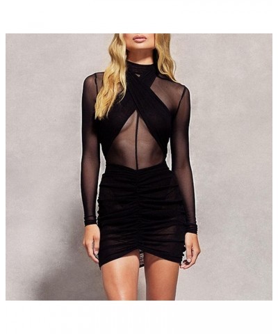 Women Y2k Long Sleeve Bodycon Mini Dress Vintage Mesh Low Cut Short Dress Fall Sexy Cocktail Club Mini Dress Clubwear 23oct19...